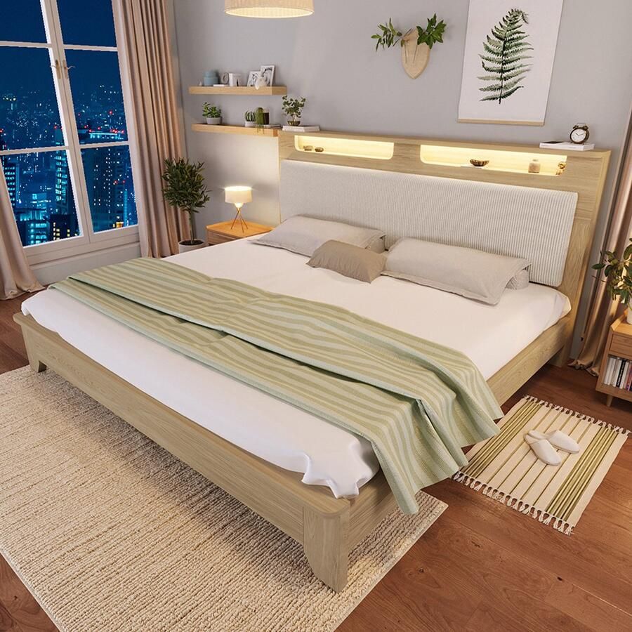 Pugsdrly Houten tweepersoonsbed 160 × 200 cm hoofdeinde met opbergruimte ledverlichting en rugleuning bekleed met beige corduroy bedframe met houten latten licht eiken (zonder matras en bank)