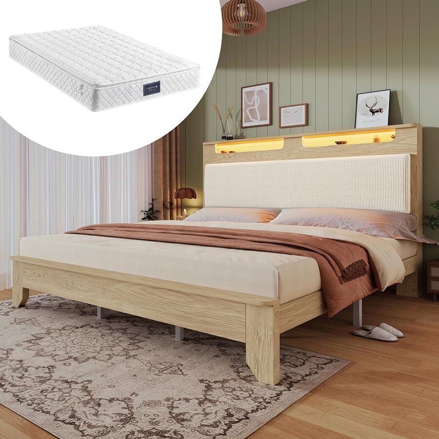 Pugsdrly Houten tweepersoonsbed 160 × 200 cm hoofdeinde met opbergruimte led-verlichting en gestoffeerde rugleuning in beige corduroy bedframe met houten latten licht eiken (met matras zonder bank)