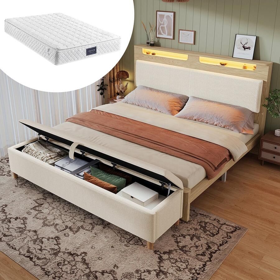 Pugsdrly Houten tweepersoonsbed 160 × 200 cm met bank hoofdeinde met opbergruimte ledverlichting en rugleuning bekleed met beige corduroy bank met opbergruimte inbegrepen licht eiken (met matras)