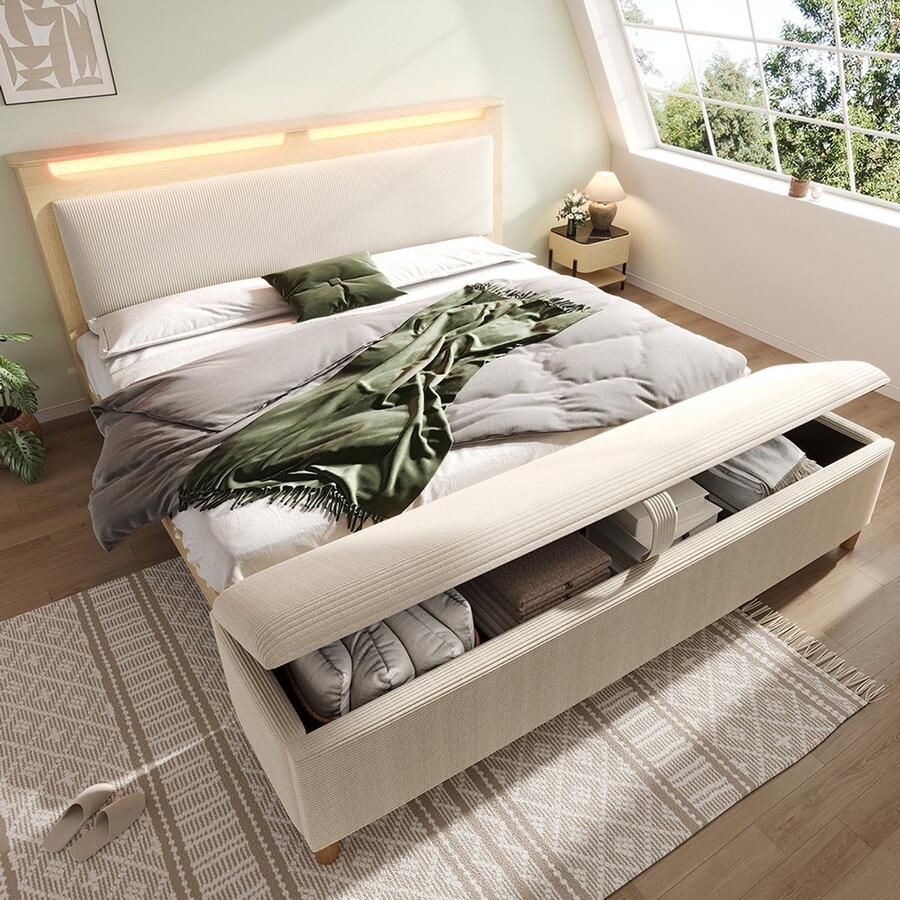 Pugsdrly Houten tweepersoonsbed 140 × 200 cm met bank hoofdeinde met opbergruimte ledverlichting en rugleuning bekleed met beige corduroy inclusief bank met opbergruimte licht eiken (zonder matras)
