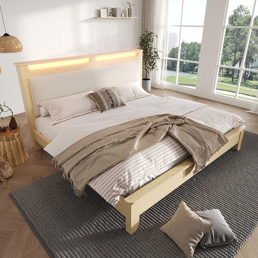 Pugsdrly Houten tweepersoonsbed 180 × 200 cm hoofdeinde met opbergruimte led-verlichting en gestoffeerde rugleuning in beige corduroy bedframe met houten latten licht eikenhout (zonder matras en bank)