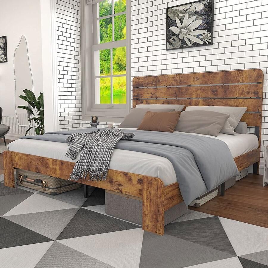 BLACKCOLORS Houten tweepersoonsbed 180 x 200 cm antiek houten bedframe met ijzeren lattenbodem en hoog hoofdeinde voor volwassenen kinderen en tieners met frame van ijzeren buizen