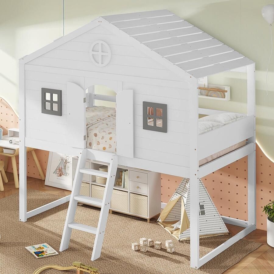 BLACKCOLORS Huisbed met trap valbeveiliging en hekje twee grijze ramen kinderbed met raam opbergruimte onder het bed frame van grenenhout + MDF wit + grijs 90 x 200 cm