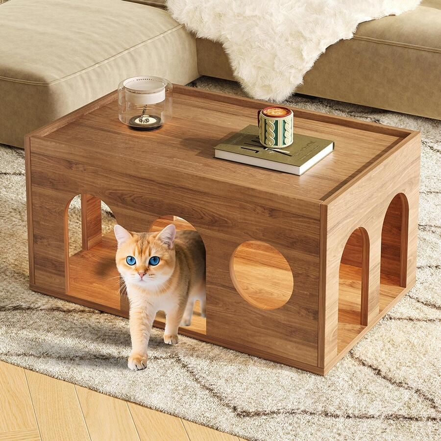 Pugsdrly Huisdiervriendelijke salontafel van notenhout met gaten voor katten 80*50*40 cm afwerking natuurlijk notenhout – perfect voor een moderne woonkamer en interactie tussen mens en dier