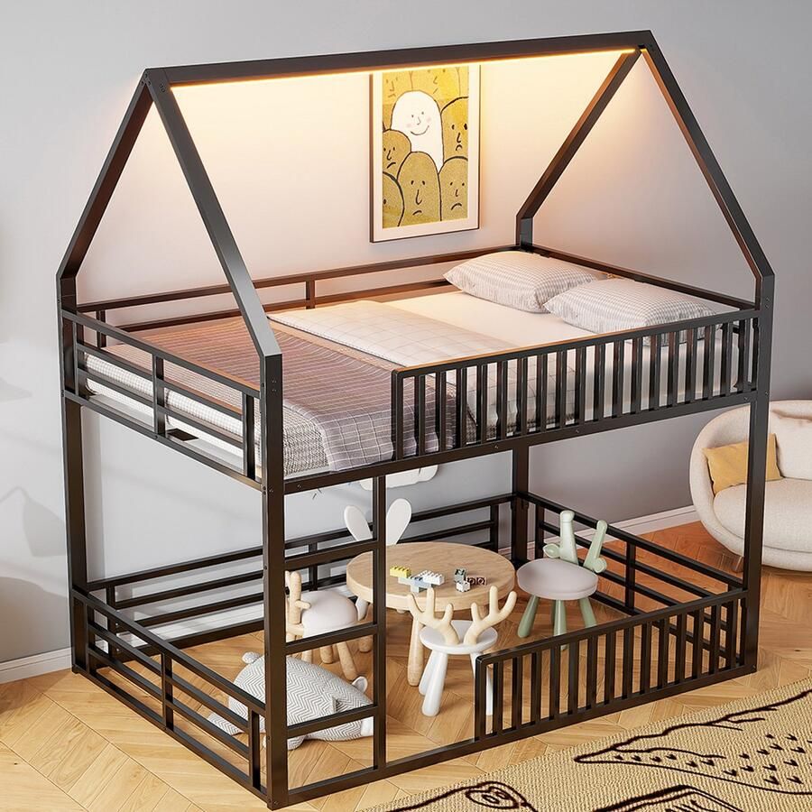 BLACKCOLORS Huisvormig stapelbed 140x200 met veiligheidshek en ledverlichting zwart