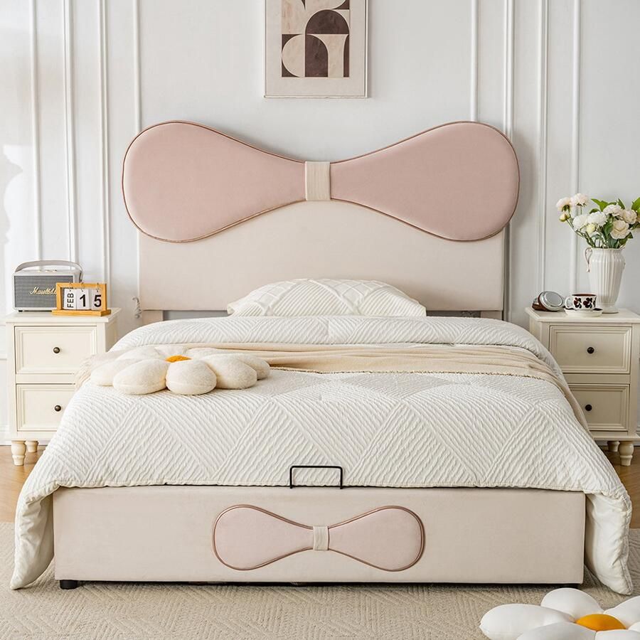 Pugsdrly Hydraulisch verstelbaar bed tweepersoonsbed verstelbaar hoofdeinde gestoffeerd hoofdeinde bed met lattenbodem en metalen frame modern bedframe met opbergruimte fluweel beige + roze