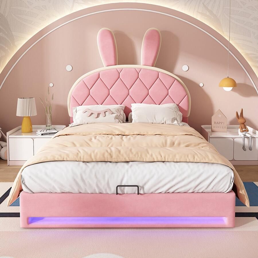 Pugsdrly Hydraulisch verstelbaar bed tweepersoonsbed verstelbaar hoofdeinde konijnenhoofdeinde bed met lattenbodem en metalen frame modern bedframe met opbergruimte fluweel roze