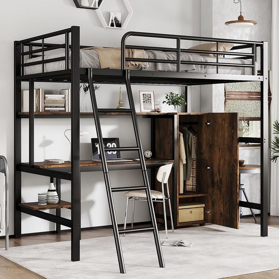 BLACKCOLORS IJzeren bed stapelbed geschikt voor kinderen en tieners met tafel en kast veel opbergruimte met ladder met 5 treden ijzer + spaanplaat zwart 90 x 200 cm