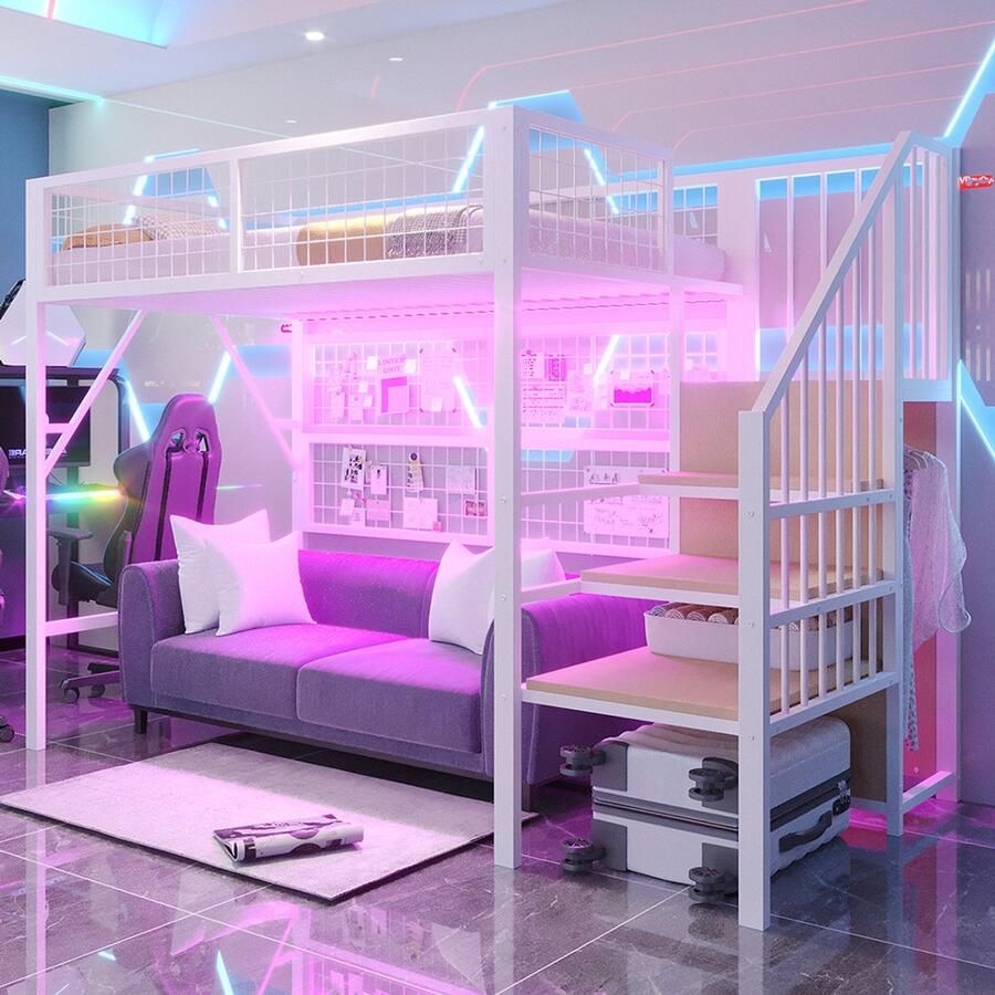 Pugsdrly IJzeren bed 90*200 cm Hoogslaper Geschikt voor kinderen en tieners Metalen frame Veelzijdig design Met opbergtrap Met open kledingkast APP-gestuurde LED-lichtlijsten Wit