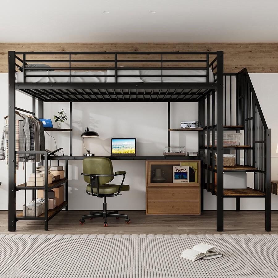 BLACKCOLORS IJzeren bed stapelbed zijladder met leuning met oplaadpunt met kleerhanger opbergruimte en twee anti-kantelbeveiligingen ijzer + MDF zwart + donker 120 x 200 cm