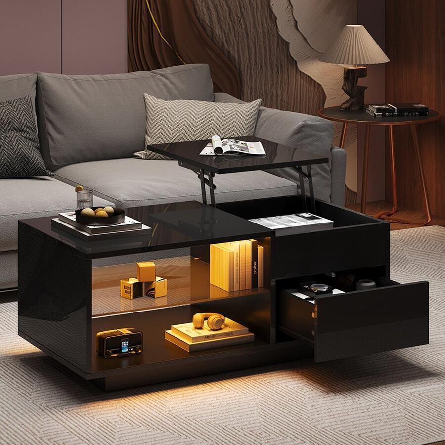 BLACKCOLORS In hoogte verstelbare salontafel met ledverlichting glanzende salontafel met 1 lade salontafel met hardglaswand en verborgen opbergruimte kan worden gebruikt als eettafel