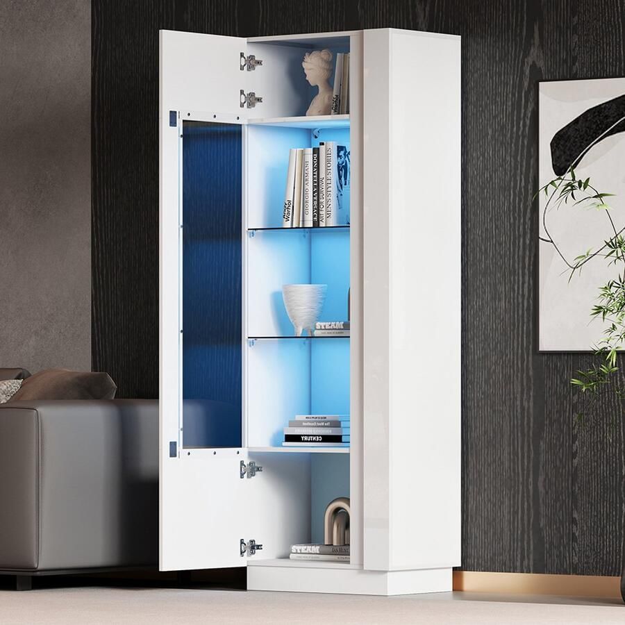 BLACKCOLORS Kast 60*40*180 cm vitrinekast met acryldeur glanzende vitrinekast Opbergkast met ledverlichting 3 glazen planken hoge buffetkast opbergkast hoge kast bankkast wit