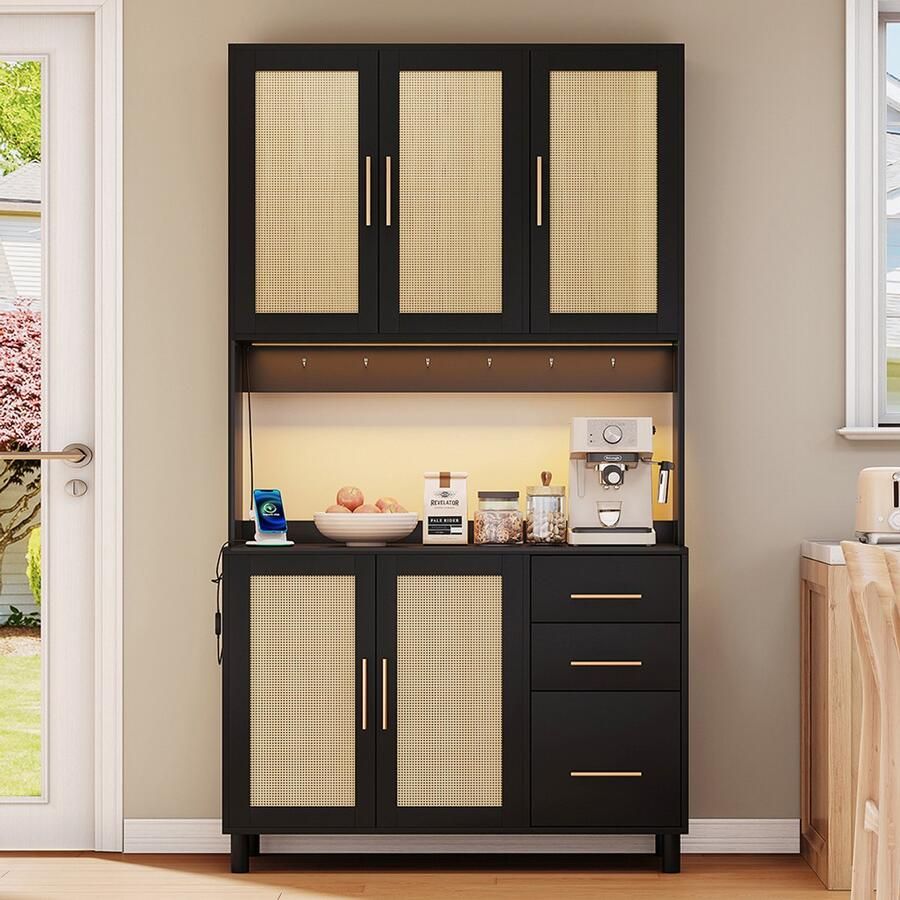 BLACKCOLORS Keukenbuffet 183 cm buffet decoratieve LED-verlichting bedienbaar via app 2 USB-poorten 2 stopcontacten verstelbare planken 3 lades gouden metalen handgrepen ideaal voor keukens en eetkamers