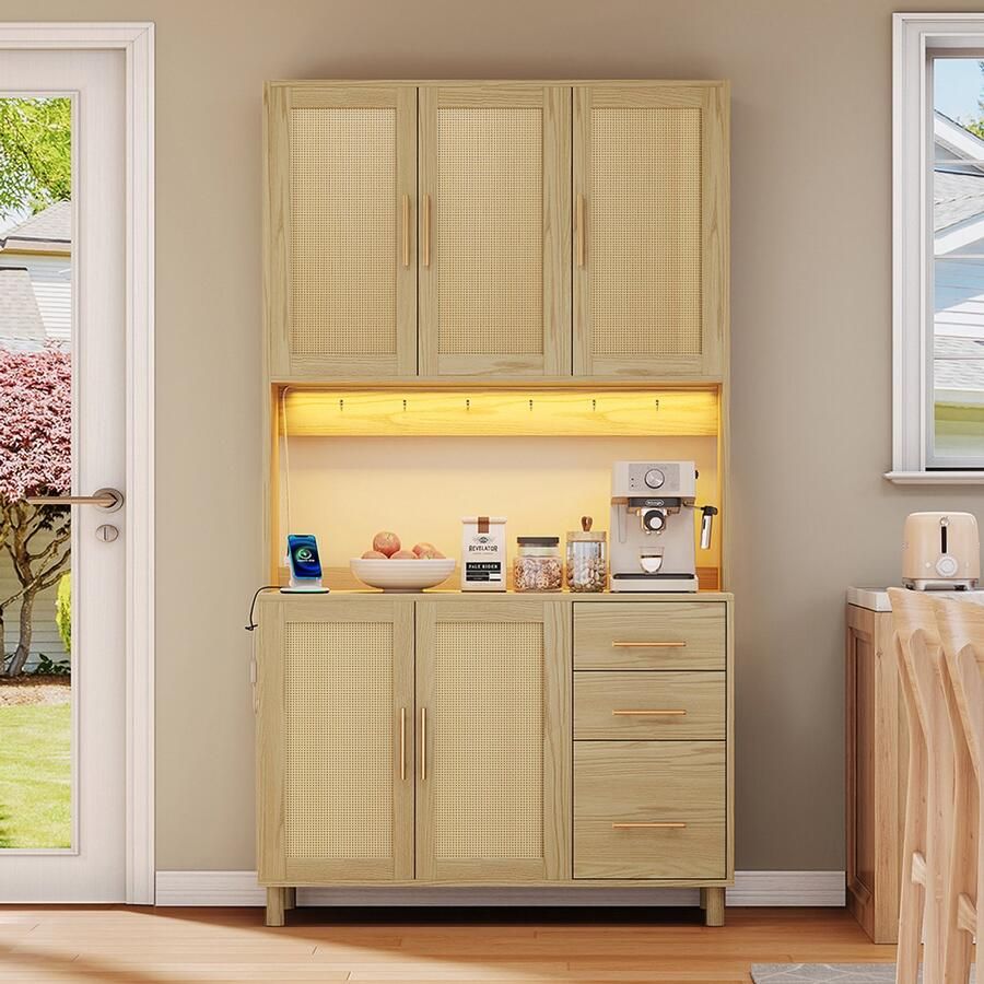 BLACKCOLORS Keukenbuffet 183 cm buffet decoratieve ledverlichting met app-bediening 2 USB-poorten 2 stopcontacten verstelbare planken 3 lades gouden metalen handgrepen ideaal voor keukens en eetkamers