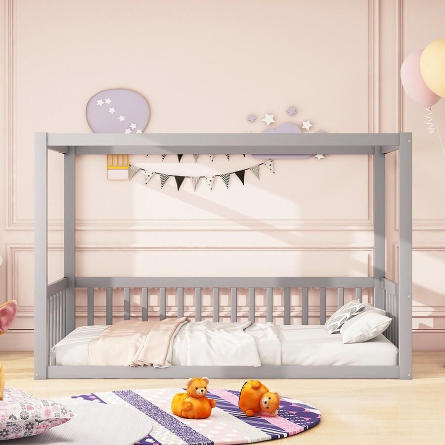 Pugsdrly Kinderbed 90 x 200 cm hemelbed van massief hout voor kinderen en tieners grijs