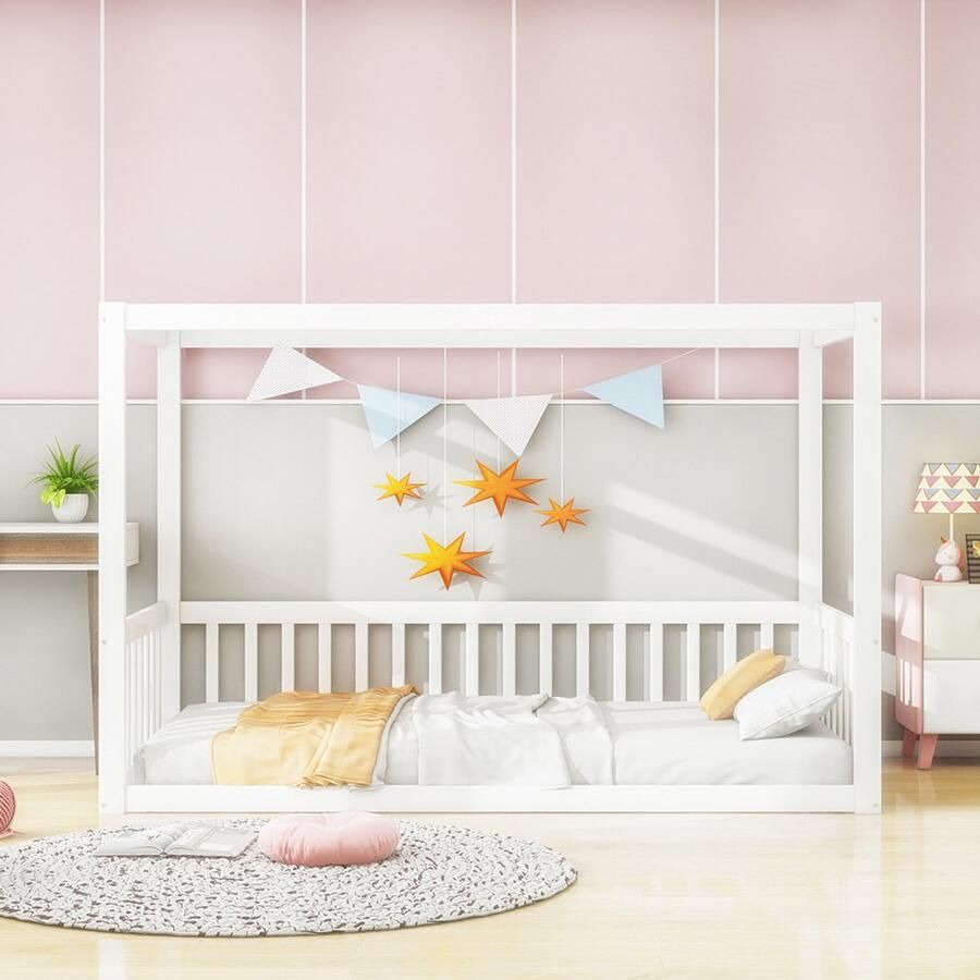 Pugsdrly Kinderbed 90 x 200 cm hemelbed van massief hout voor kinderen en tieners wit