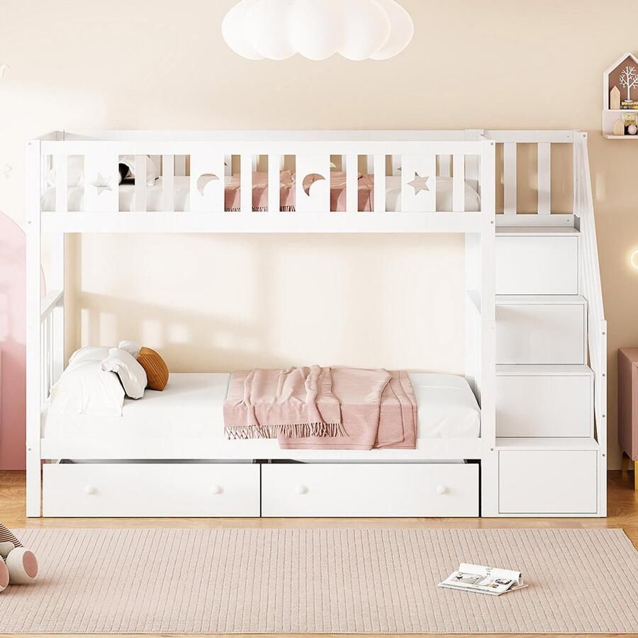 BLACKCOLORS Kinderbed 90*200 90*200 cm stapelbed van massief hout met veiligheidstrap opbergtrap twee grote lades en lattenbodem wit