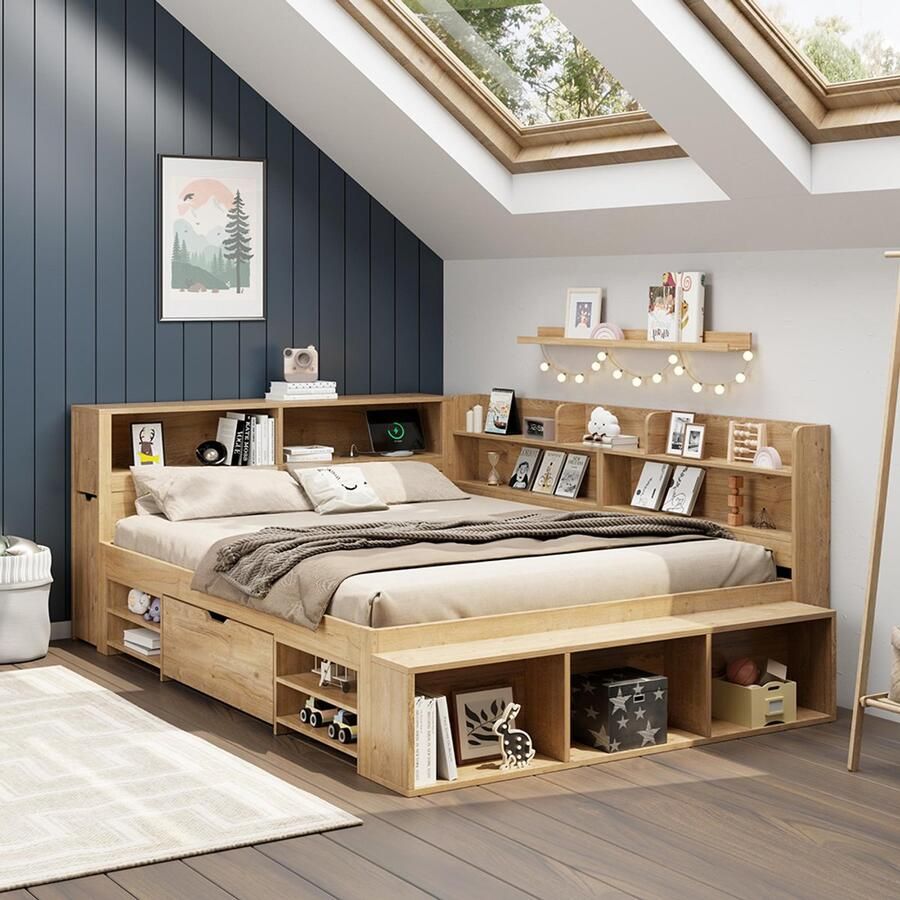 BLACKCOLORS Kinderbed bed met opbergruimte massief houten bed 140 x 200 cm eenpersoonsbed multifunctioneel kinderbed met nachtkastje lades planken opbergkast met draadloos opladen zonder matras naturel