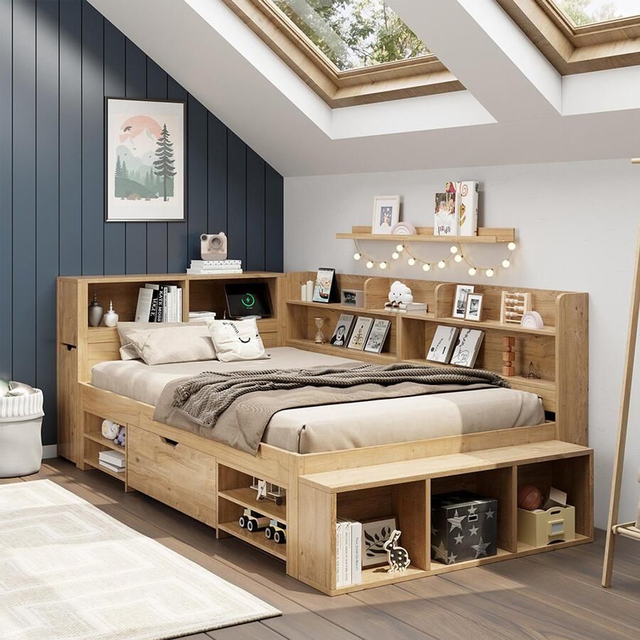 BLACKCOLORS Kinderbed bed met opbergruimte massief houten bed 90 x 200 cm eenpersoonsbed multifunctioneel kinderbed met nachtkastjes planken en opbergkasten met draadloos opladen zonder matras naturel