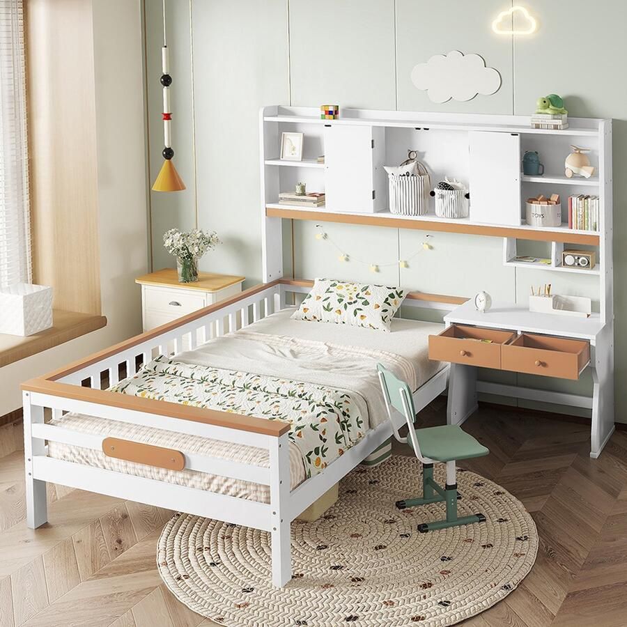 BLACKCOLORS Kinderbed met opbergkast met tafel en lades met beschermplaat en lattenbodem L-vormig frame wit + naturel grenen + MDF + meerlaags paneel 90 x 200 cm