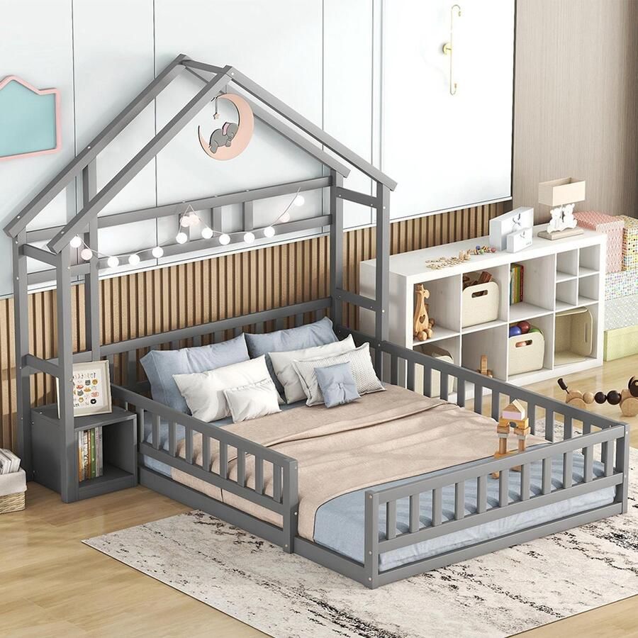 KOMHTOM Kinderbedden 140 x 190 cm vlakke bedden huisbedden met spijlen kinderbedden met nachtkastjes zonder matras grijs
