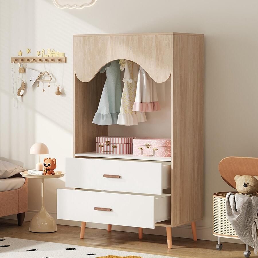 BLACKCOLORS Kinderkast kast met kledingroede met laden open kast handgrepen van massief hout van spaanplaat wit + naturel hout 80 × 46 × 141 5 cm