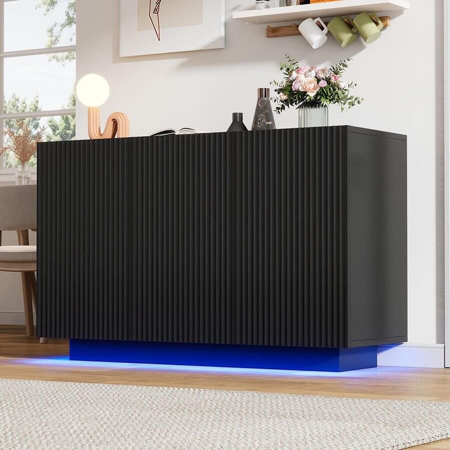 BLACKCOLORS LED-commode Modern design dressoir met verlichting Zwart marmerlook Slimme woonkamerkast Bluetooth-bediening Verticale strepen Dressoir 120 cm Opbergkast