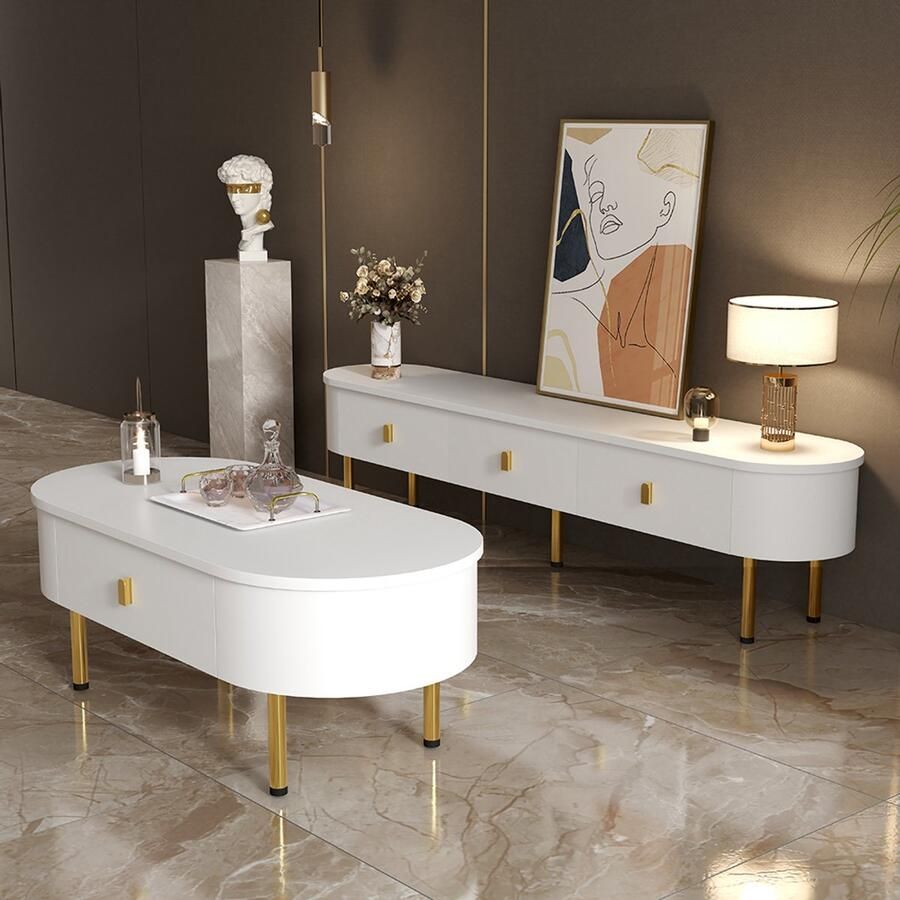 BLACKCOLORS Lichte en luxe combinatie van tv-meubel en salontafel woonkamerset met lades afgeronde hoeken