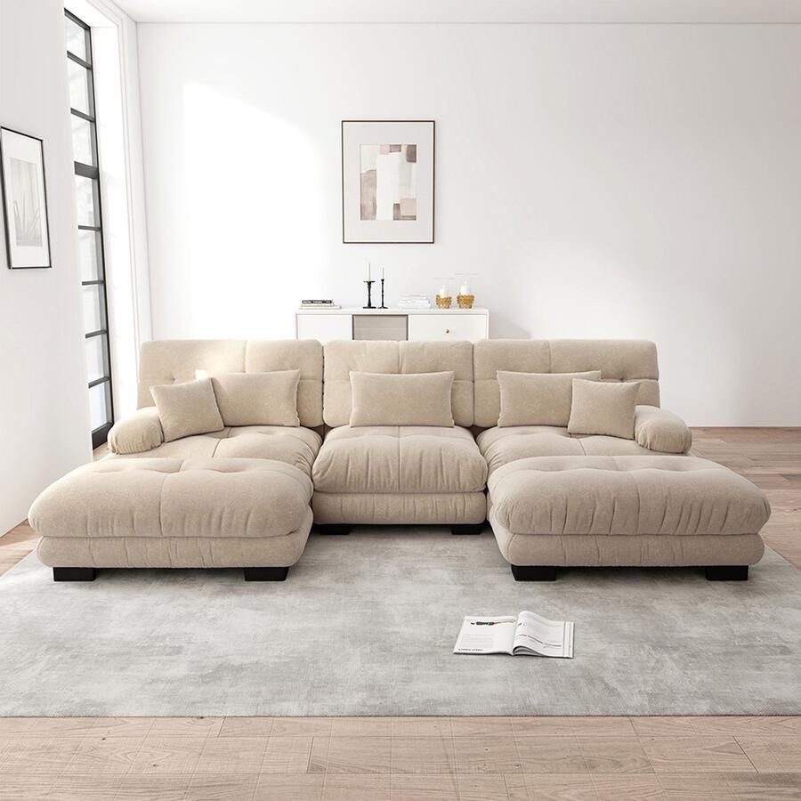 BLACKCOLORS Luxe modulaire hoekbank Oversized U-vormige Cloud-bank voor woonkamer slaapbank met poef lichtbruine chenille