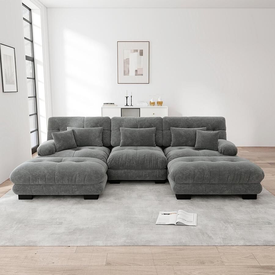 BLACKCOLORS Luxe modulaire hoekbank Oversized U-vormige Cloud-bank voor woonkamer slaapbank met voetenbank grijze chenille