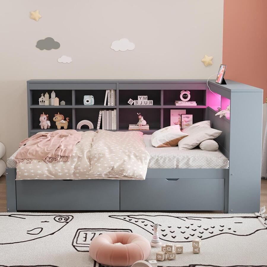 BLACKCOLORS Massief houten bank 90*200 cm met opbergvakken bed met USB-aansluiting en stopcontact met LED-strip met planken en opbergvakken veel opbergruimte multifunctioneel eenpersoonsbed van hout grijs