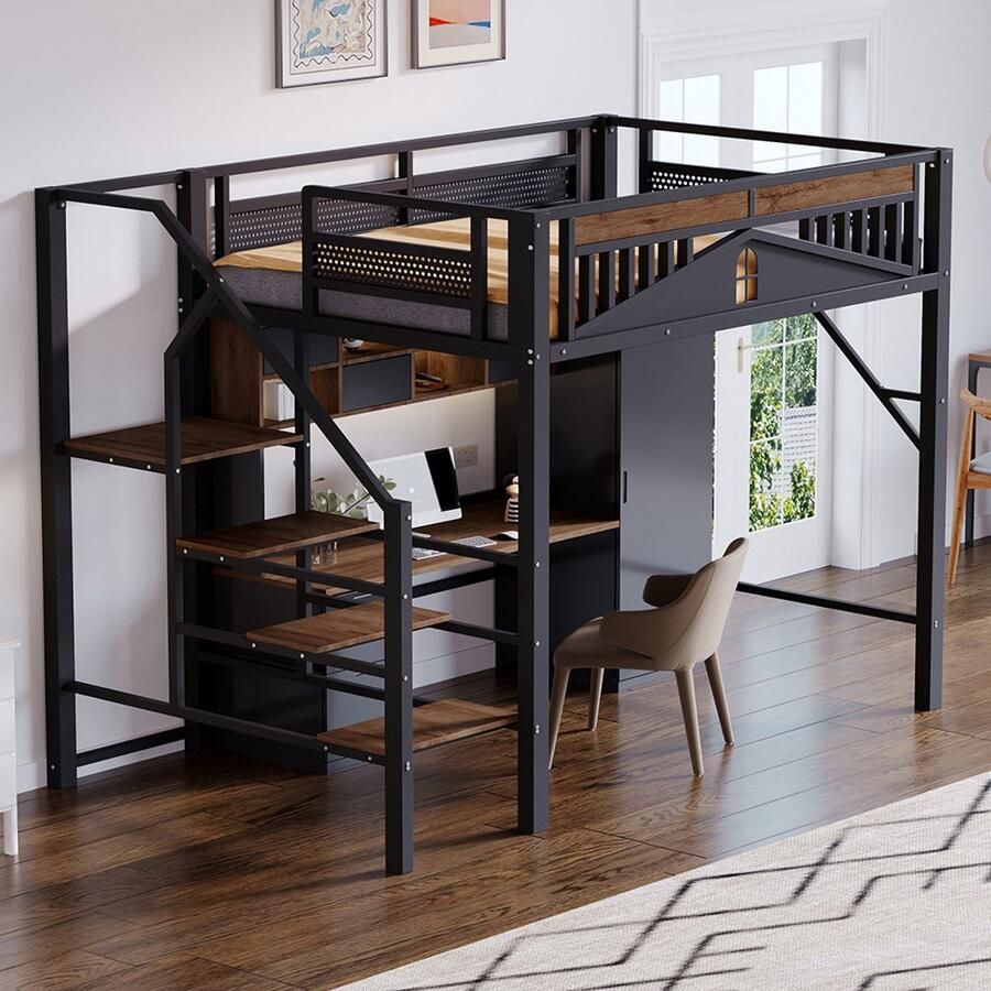 BLACKCOLORS Metalen hoogslaper 140 x 200 cm unieke structuur met raam met veiligheidsladder grote opbergruimte onder het bed zwart