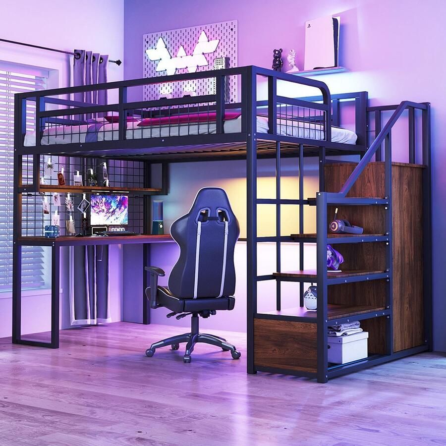 Pugsdrly Metalen hoogslaper 140 x 200 cm Met opbergladder en eenvoudige kast met plank tafel en netplank. Stabiel metalen frame hoogslaper zwart