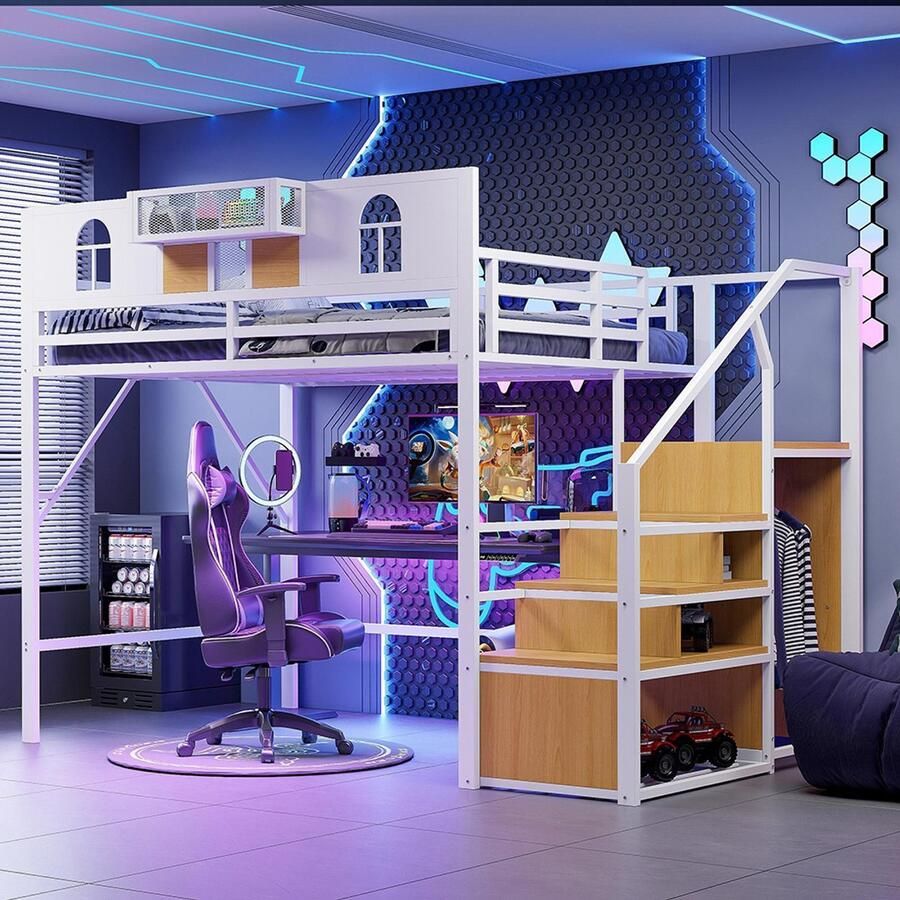 Pugsdrly Metalen hoogslaper 140 x 200 cm met opbergladder raam houten panelen en gaas enkele verhoogde barrière opbergruimte naast het bed stabiel metalen frame wit