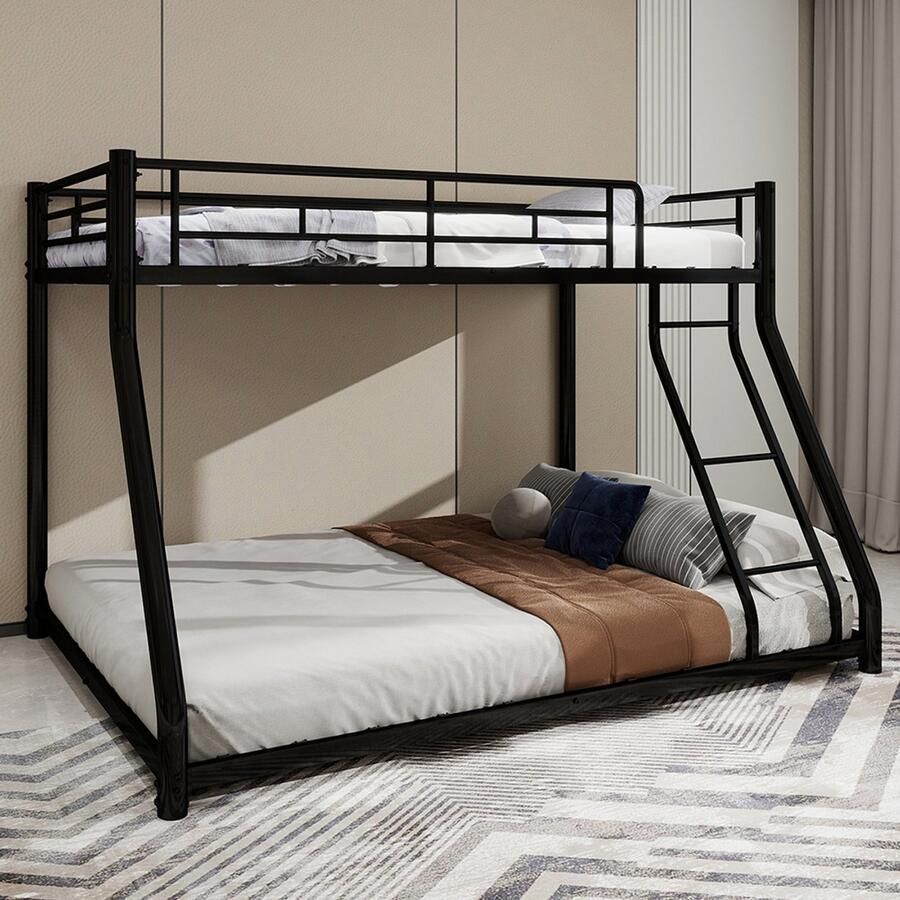 BLACKCOLORS Metalen stapelbed Twin Over Full stevig metalen stapelbedframe stapelbed Twin Over Full met ladder en veiligheidsrail over de hele lengte voor tieners en volwassenen geruisloos
