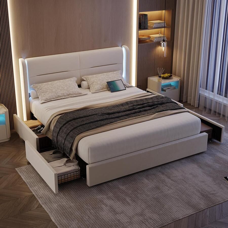 Pugsdrly Modern bedframe 160 x 200 cm met ledverlichting in het hoofdeinde 4 praktische opberglades dikke vulling dubbele USB-aansluiting en elegante zijpanelen voor extra comfort beige