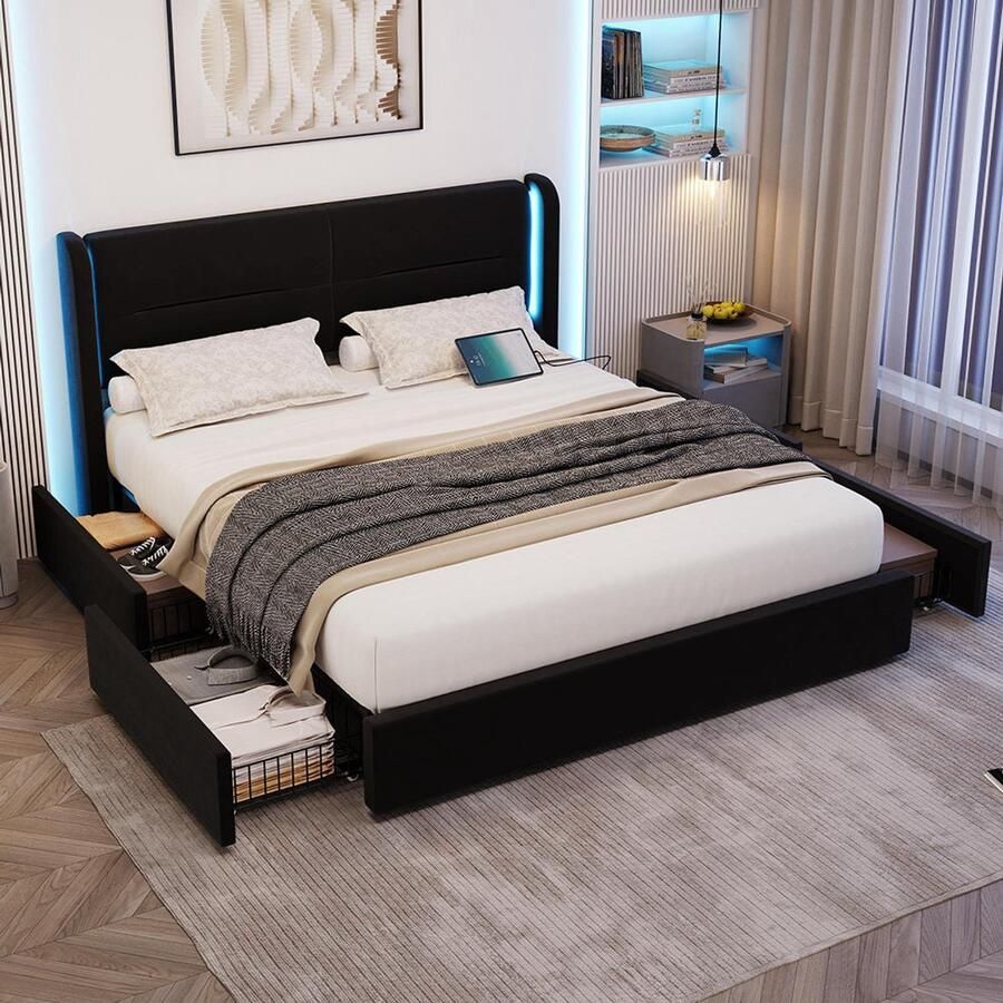 BLACKCOLORS Modern bedframe 160 x 200 cm met ledverlichting in het hoofdeinde 4 praktische opberglades dikke vulling dubbele USB-aansluiting en elegante zijpanelen voor extra comfort zwart