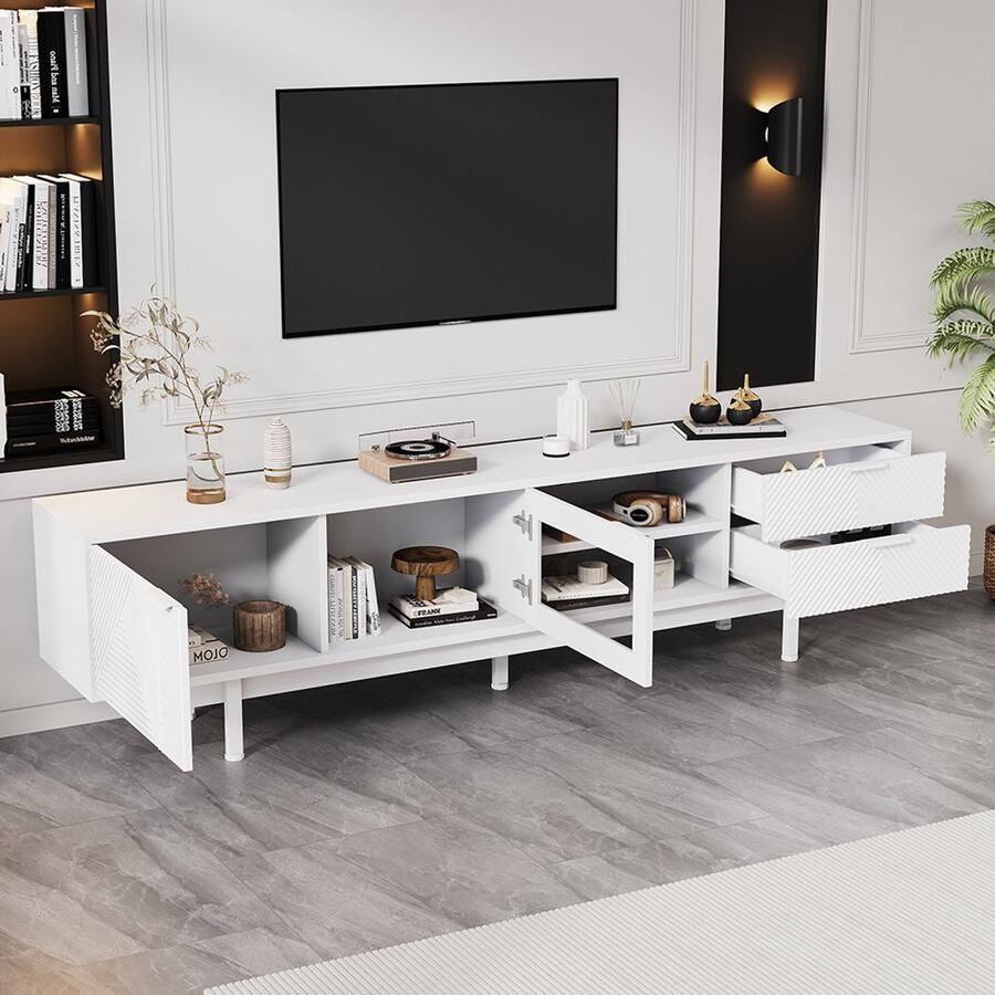 BLACKCOLORS Modern en eenvoudig tv-meubel 200*40*50 5 cm laag meubel met 2 deuren en 2 lades tv-meubel met grote opbergruimte woonkamermeubel met een totaal draagvermogen van 45 kg geschikt voor 80 inch wit