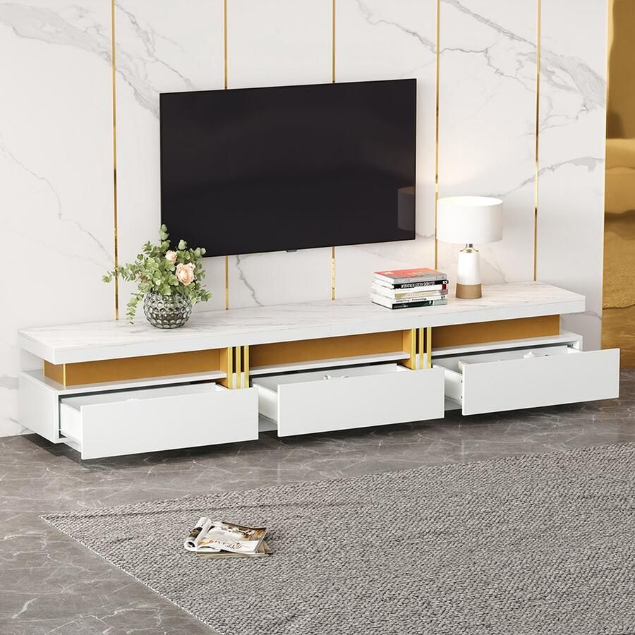 BLACKCOLORS Modern laag tv-meubel met marmerlook tv-blad tv-ladekast 200 x 40 x 42 cm – Voor tv's tot 90 inch drie laden en 1 kabelbeheersysteem