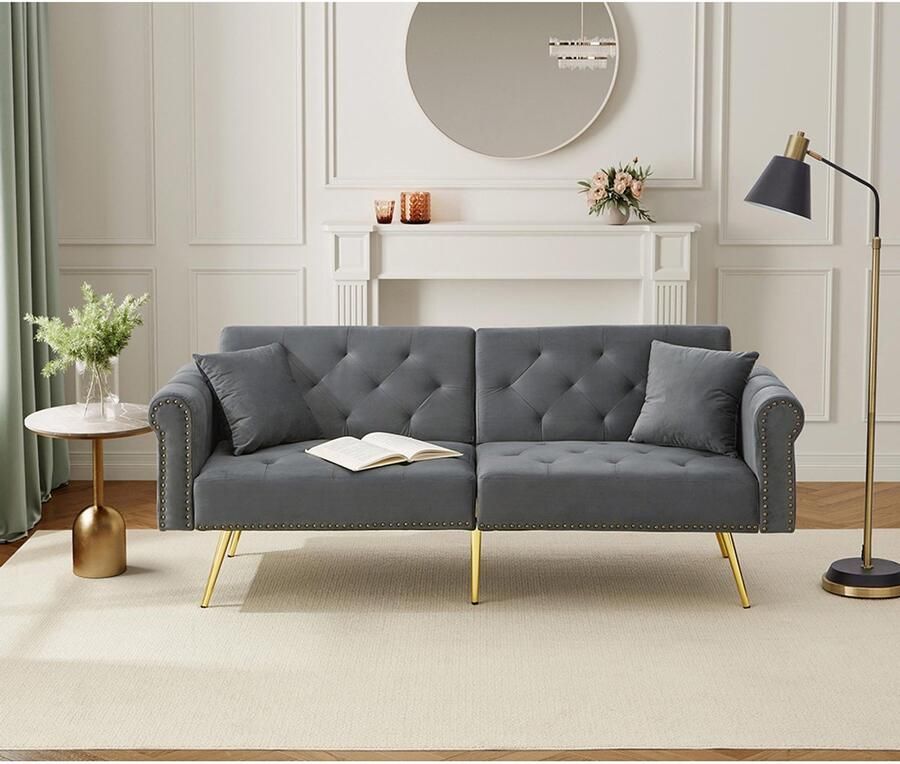 Pugsdrly Moderne 2-zits slaapbank fluwelen bekleding in 3 standen verstelbare rugleuning en goudkleurige metalen pootjes Elegante bank met slaapfunctie ruimtebesparend slijtvast ideaal voor kleine kamers