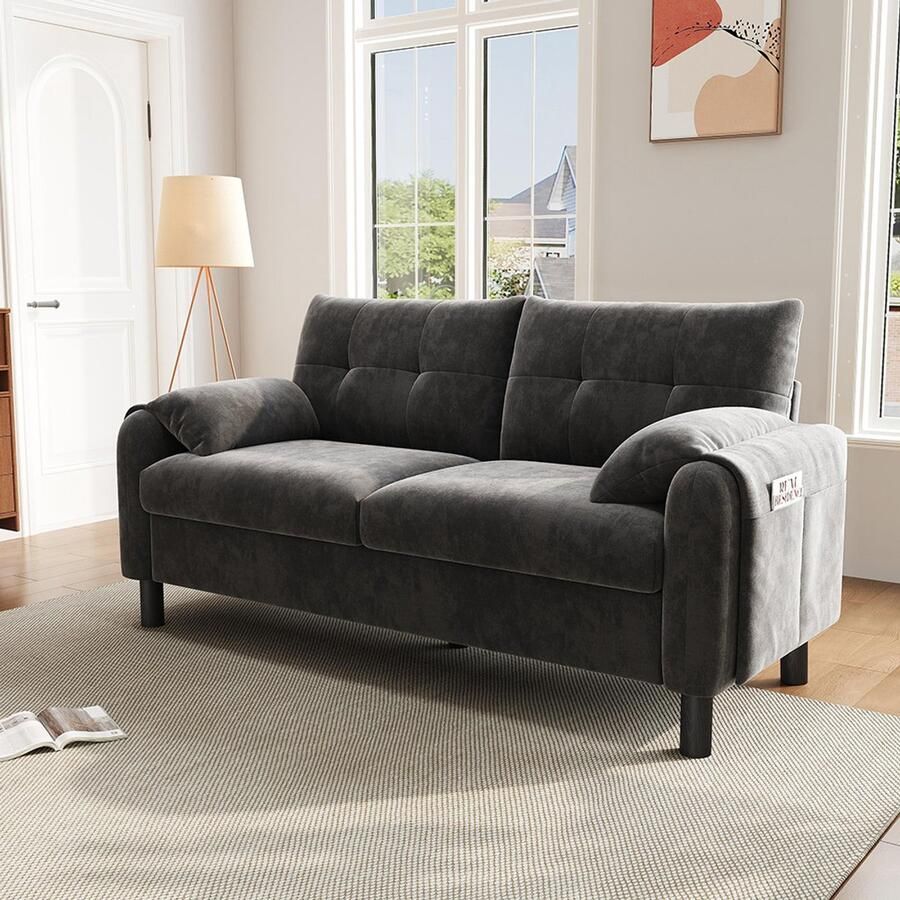 BLACKCOLORS Moderne 2-zitsbank comfortabele gestoffeerde bank van chenille met dikke kussens comfortabele bank voor woonkamer slaapkamer klein appartement gestoffeerde meubels in Scandinavische stijl grijs