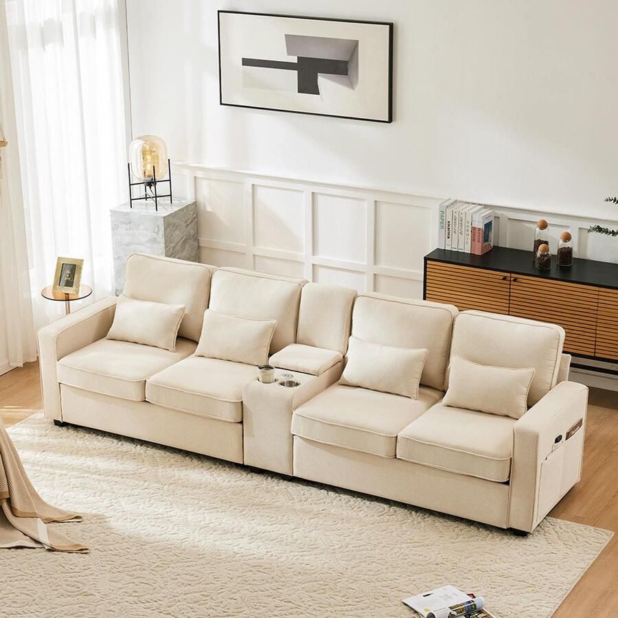 BLACKCOLORS Moderne 4-zitsbank in linnen met console 2 bekerhouders 2 USB-poorten om op te laden met een kabel met armsteunvakken en 4 kussens eenvoudige bank voor de woonkamer het appartement het kantoor