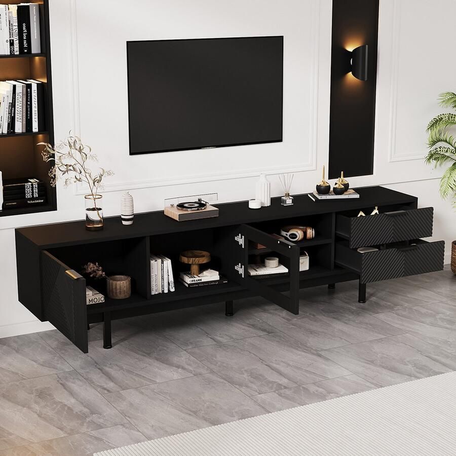 BLACKCOLORS Moderne en eenvoudige tv-meubel 200*40*50 5 cm laag meubel met 2 deuren en 2 lades tv-meubel met grote opbergruimte woonkamermeubel met een totaal draagvermogen van 45 kg geschikt voor 80 inch zwart