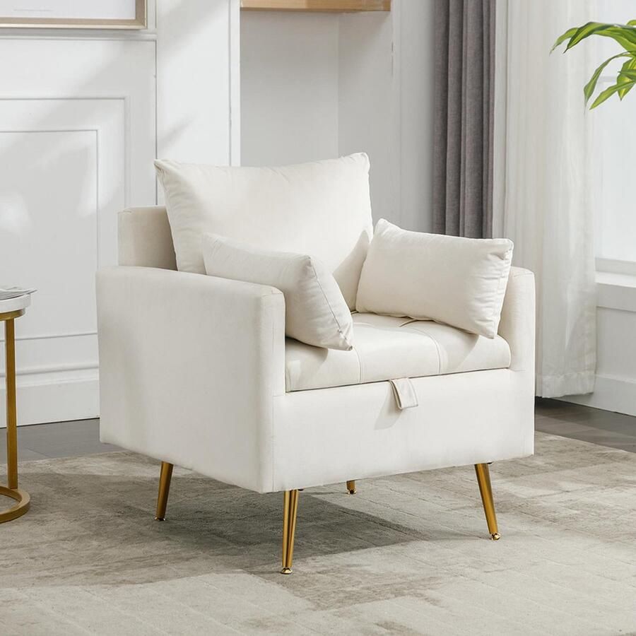 BLACKCOLORS Moderne en minimalistische stoel fauteuil en poef van fluweel met opbergruimte sierkussens en loungestoel met armleuningen en poten van goudkleurig metaal