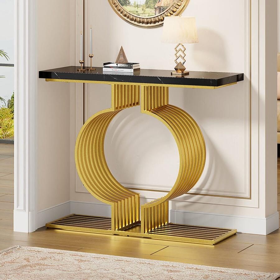 BLACKCOLORS Moderne en sobere salontafel van 100 x 30 x 80 cm kleine bijzettafel voor de woonkamer console gouden voet die op twee manieren kan worden geplaatst