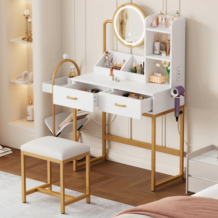 Sweiko Kaptafel LED-verlichting Draaibare spiegel Kruk 2 lades 80 × 138.5 × 40 cm Wit + goud