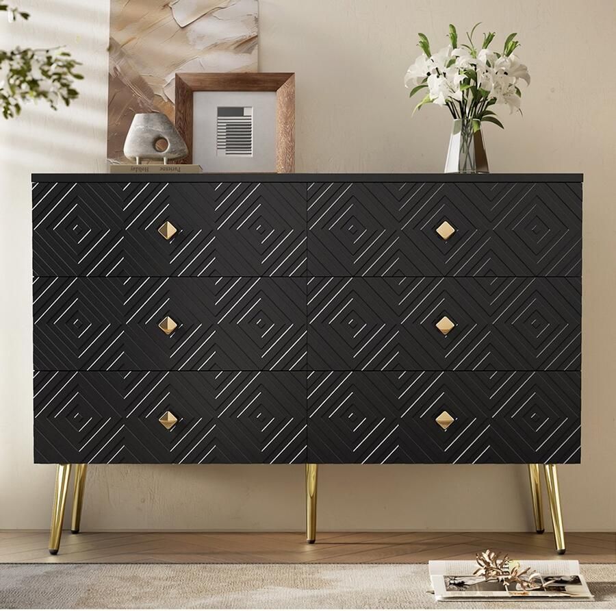 BLACKCOLORS Moderne ladekast met 6 lades – 120 x 40 x 80 cm – Elegant zwart met goud – Metalen poten voor meer stabiliteit – Perfect voor de slaapkamer en woonkamer