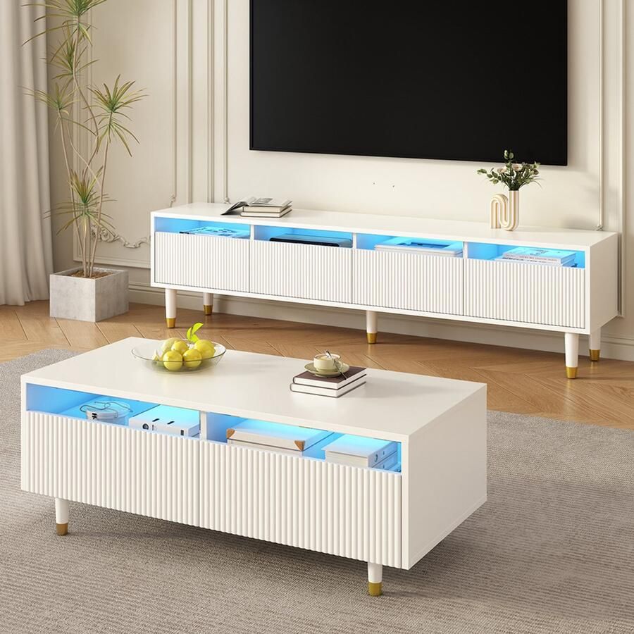 Pugsdrly Moderne LED-meubelset: tv-meubel met vier deuren en salontafel met twee lades wit met goudkleurig design ledverlichting golvende structuur en acrylfronten voor een elegante levensstijl