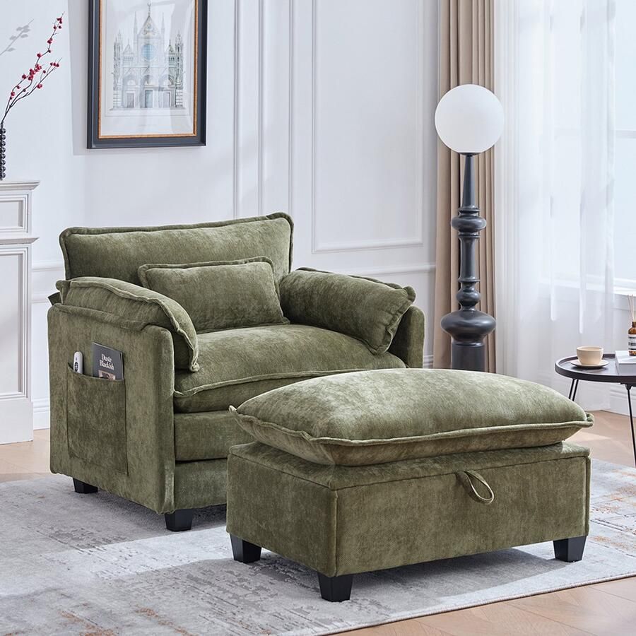 BLACKCOLORS Moderne oversized fauteuil met voetenbank en poef fluwelen loungestoel met zijvakken en kussens comfortabele leesfauteuil voor de woonkamer slaapkamer en appartement