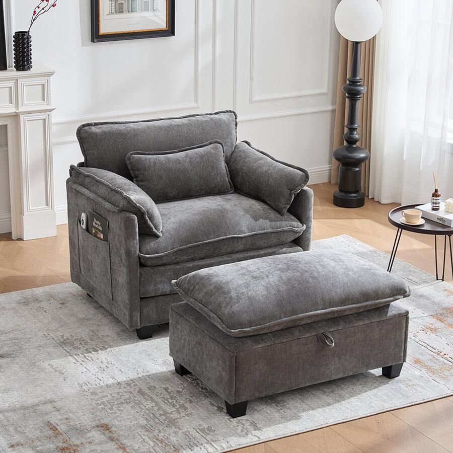 BLACKCOLORS Moderne oversized fauteuil met voetensteun en poef fluwelen loungestoel met zijvakken en kussens comfortabele leesfauteuil voor de woonkamer slaapkamer en appartement